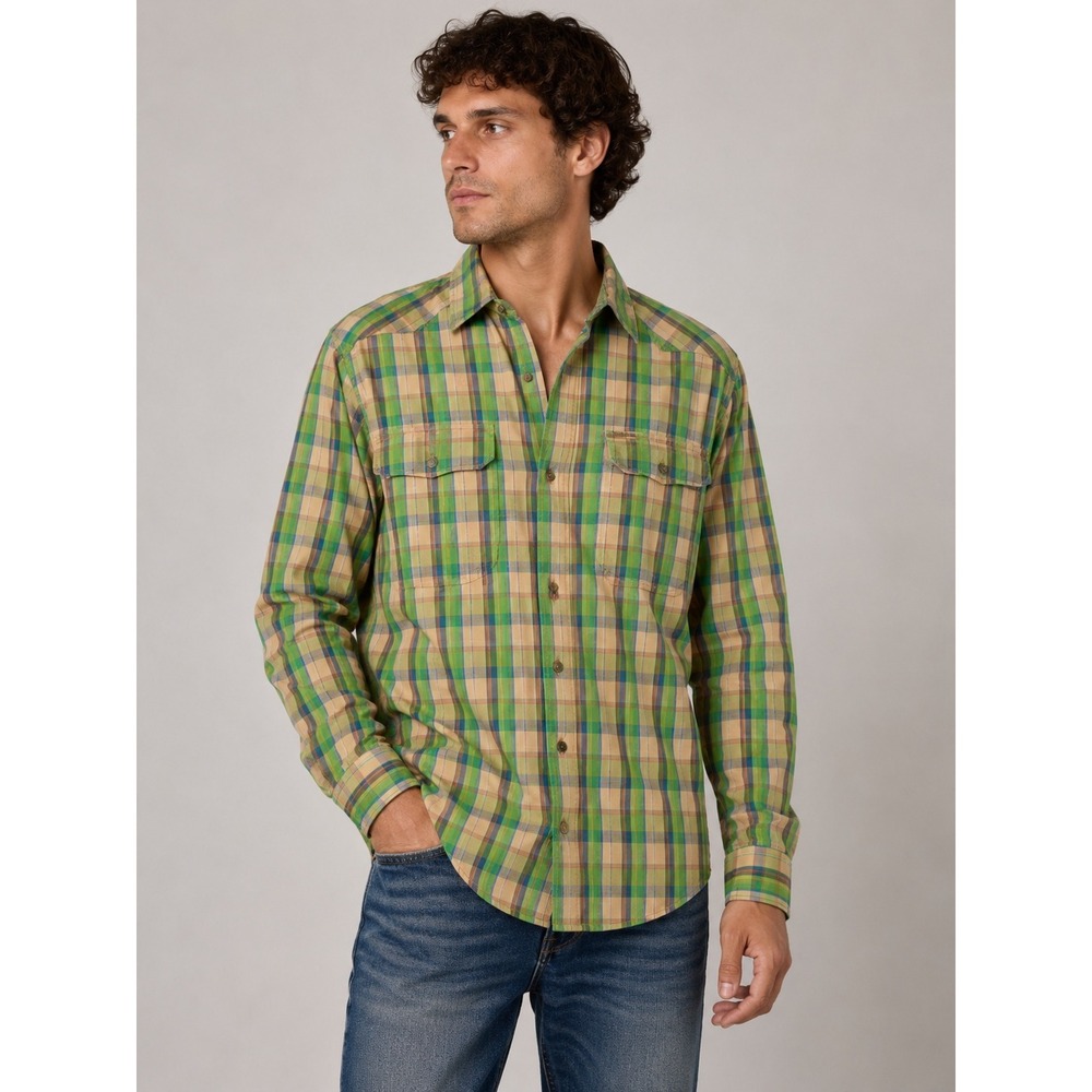 Royal Robbins Plaid Button Down Shirt Outdoor Casual Green Tan Medium |G1
